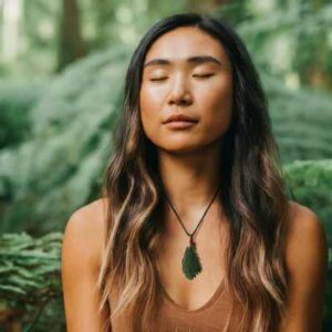 A person wearing a Moldavite pendant sitting in a meditative pose, eyes closed.