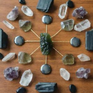 A photo of a crystal grid with a large Moldavite specimen in the center, surrounded by grounding crystals like Black Tourmaline, Hematite, and Smoky Quartz.