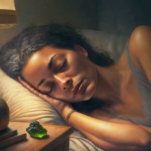 A person sleeping soundly in bed with a Moldavite crystal on their bedside table. The moonlight casts a soft glow over the scene