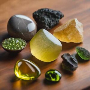 A photo of a crystal collection featuring a variety of stones, including gentler options like Libyan Desert Glass, Peridot, and Phenakite, alongside a small piece of Moldavite for comparison.