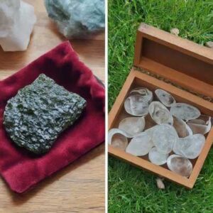 Two images side-by-side: On the left, a Moldavite piece stored in a simple velvet pouch. On the right, a Moldavite resting on a bed of tumbled clear quartz crystals within a wooden box.