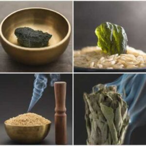 A close-up photo series demonstrating each cleansing method: Moldavite bathed in moonlight, sound waves emanating from a singing bowl nearby, passing the stone through sage smoke, and a Moldavite buried in brown rice.