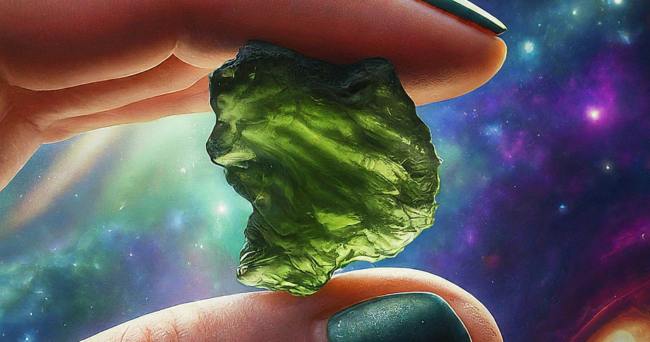 A close-up of a hand holding a Moldavite crystal. Emphasize the texture of both the hand and the crystal. Subtle rays of light illuminate the stone, casting a faint green glow on the surrounding skin. In the background, out of focus, is a vibrant image of a galaxy